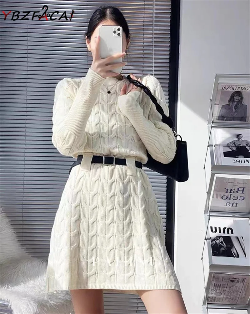 

Женское трикотажное платье-свитер средней длины, однотонное черное трикотажное платье с длинным рукавом, в Корейском стиле, зима