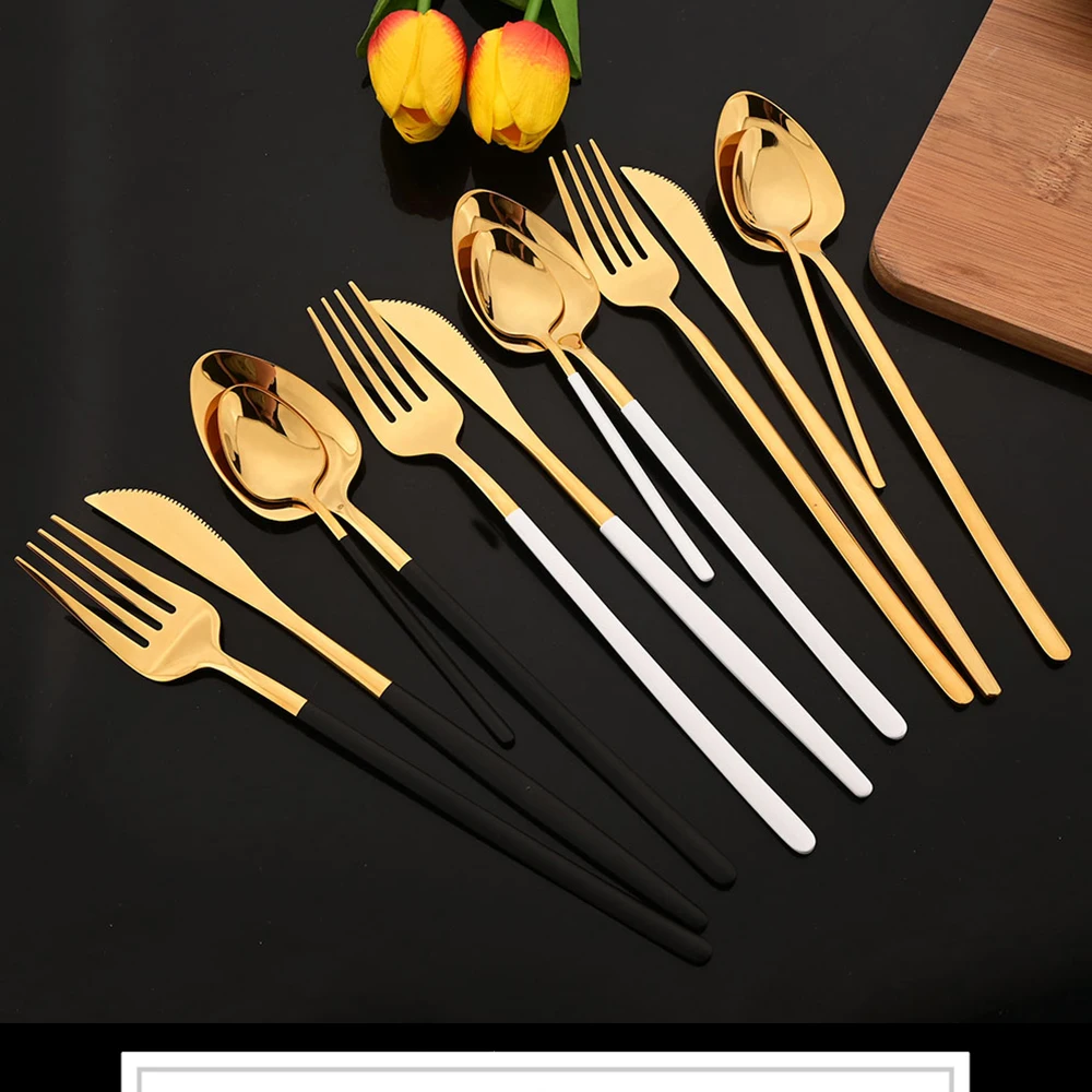 Description Picture 2 of itemWestern Cutlery Set 24 Piece Tableware Set Stainless Steel Dinnerware Black Silver Spoon Fork Knife Dinner Set Home Flatware