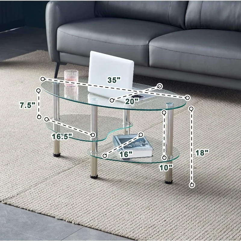 Oval-Shaped Glass Tea Table for Office, 3-Tier Modern Coffee Table, End Table for Living Room (Black) 5