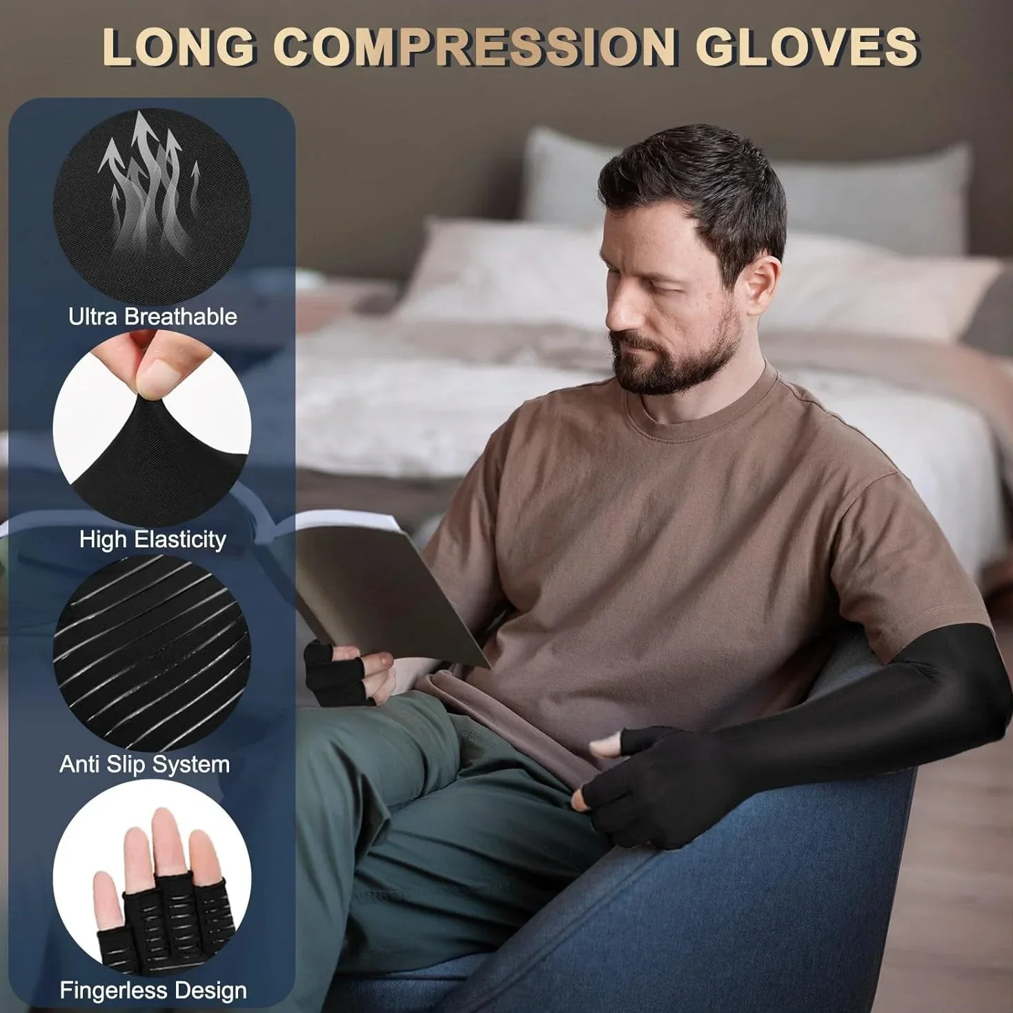 Long Copper Compression Arthritis Gloves for Women&Men,Medical Arm&Hand,for Carpal Tunnel,Lymphedema Fingerless Pressuse Gloves 3