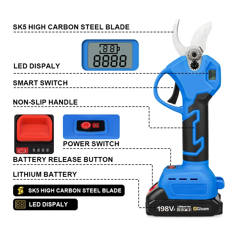 Gisam Wireless Electric Pruner Shear Brushless Electric Pruning Shears Battery Scissors 30MM Garden Fruit Tree Bonsai Power Tool 2