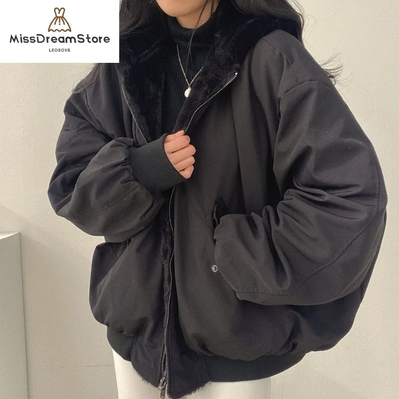 

Korean style plus velvet thickened on both sides to wear lamb wool cotton clothing women's coat winter new hooded cotton jacket
