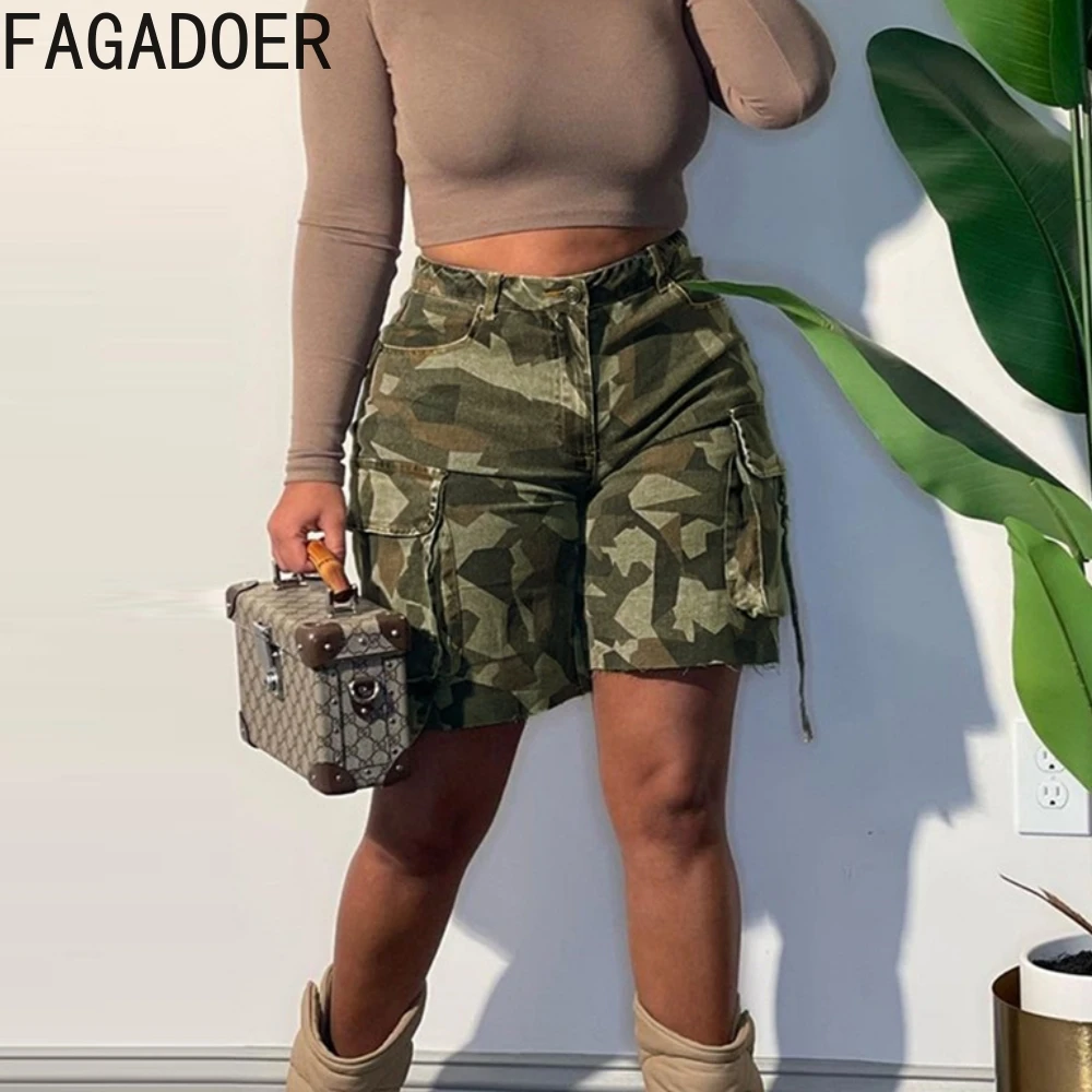 FAGADOER Casual Camouflage Print Sporty Shorts Women High Waist Button Pocket Shorts Casual Female Matching Streetwear Bottoms