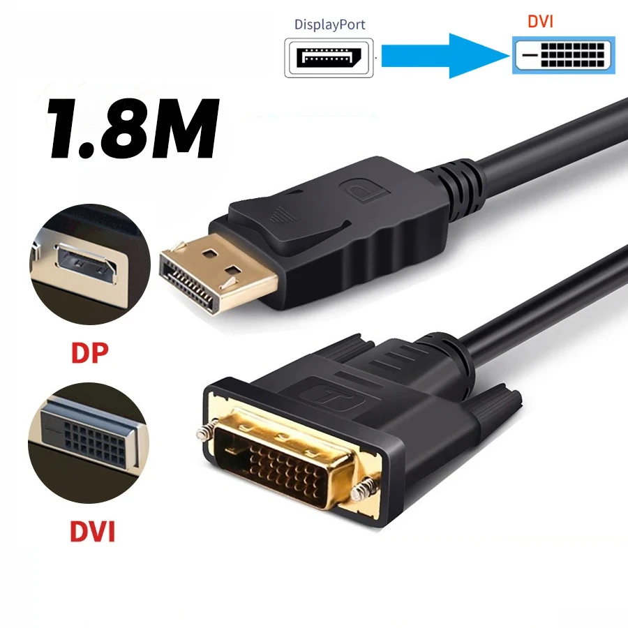 Premium 1.8M DisplayPort to DVI Cable Adapter for Monitors and Projectors