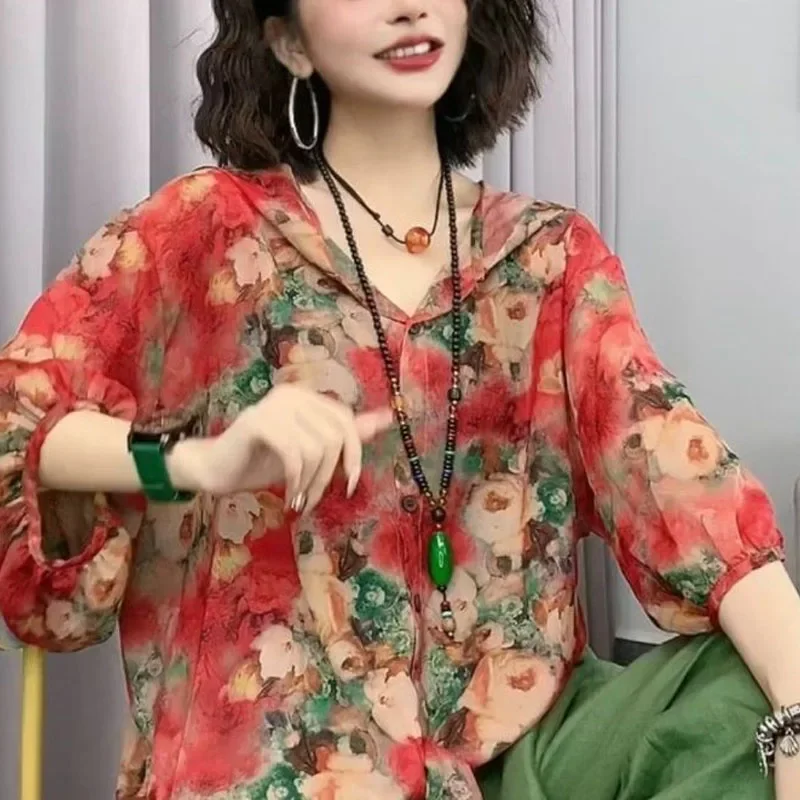 2024 Summer New Hooded Button Tie Up with Printed Fashion Simplicity Loose Casual Half Sleeve Women's Shirt Sunscreen Top lan zhai s study celadon is a large amount of creative ceramic pen with chinoiserie simplicity