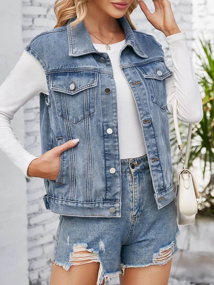 

Женский джинсовый жилет Benuynffy, новинка весны 2024, американская Повседневная джинсовая куртка без рукавов, женская короткая верхняя одежда на пуговицах, топы