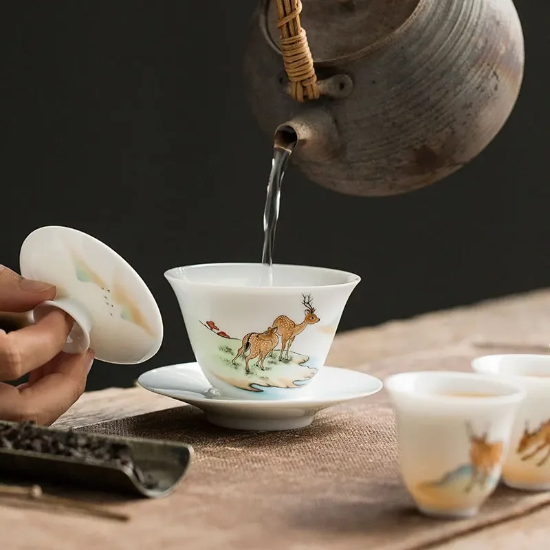 White Ceramic Lidded Bowl Mutton Fat Jade Tea Bowl Hand Painted Blue and White Gaiwan Household Kung Fu