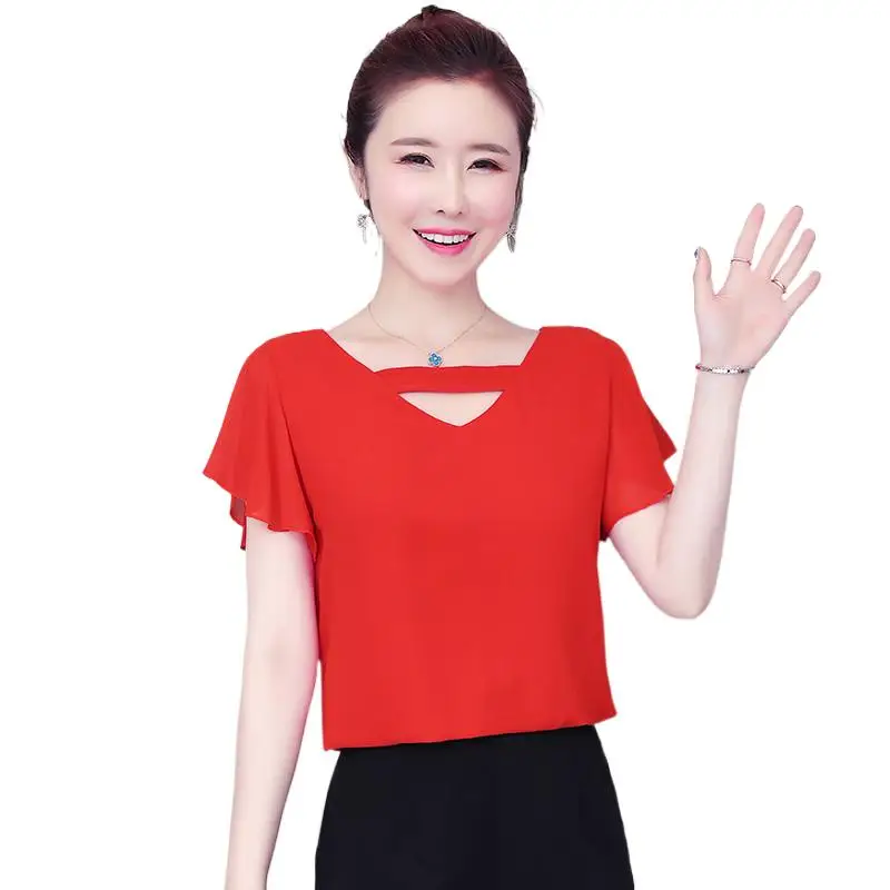 

New women fashion V-Neck Hollow Solid Shirts Butterfly Sleeves Casual Blouse Ladies Elegant Chiffon Shirts New Design Tops