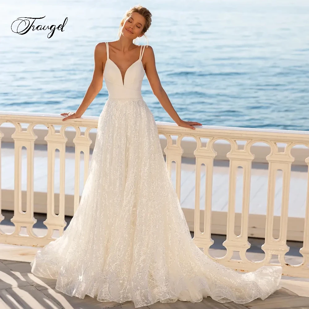 

Traugel Elegant Backless Sweetheart Lace Vintage Wedding Dresses Luxury Spaghetti Straps Beaded Court Train A Line Bridal Gown