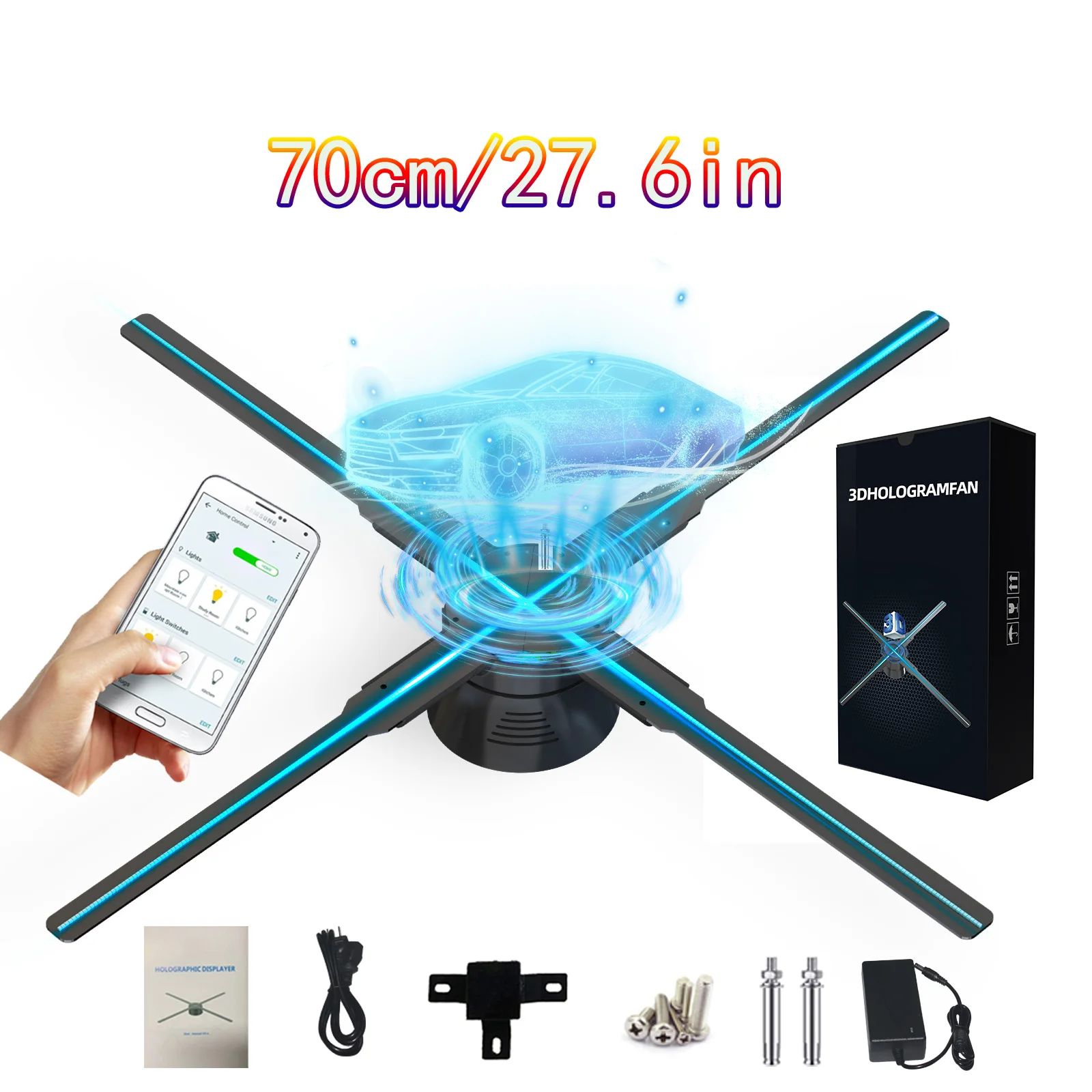 

70cm/27.6in 3D Holographic Projector Decoration Fan Screen Christmas Holiday LED Hologram Advertisement Sign Lights App Control