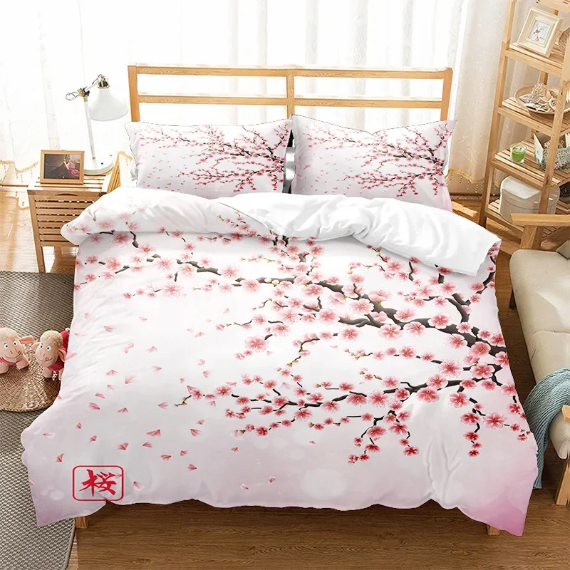 Japanese Duvet Cover Branch of A Flourishing Sakura Tree Flowers Cherry Blossoms Spring Art Polyester Bedding Set Full/King Size