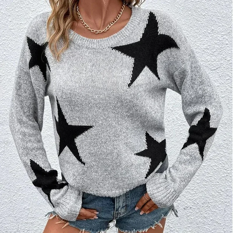 

Winter Long Sleeve Lady Knitwears Casual O-Neck Knitted Sweater Fashion Women Clothes Autumn Stars Printed Pullover Jumper 28264