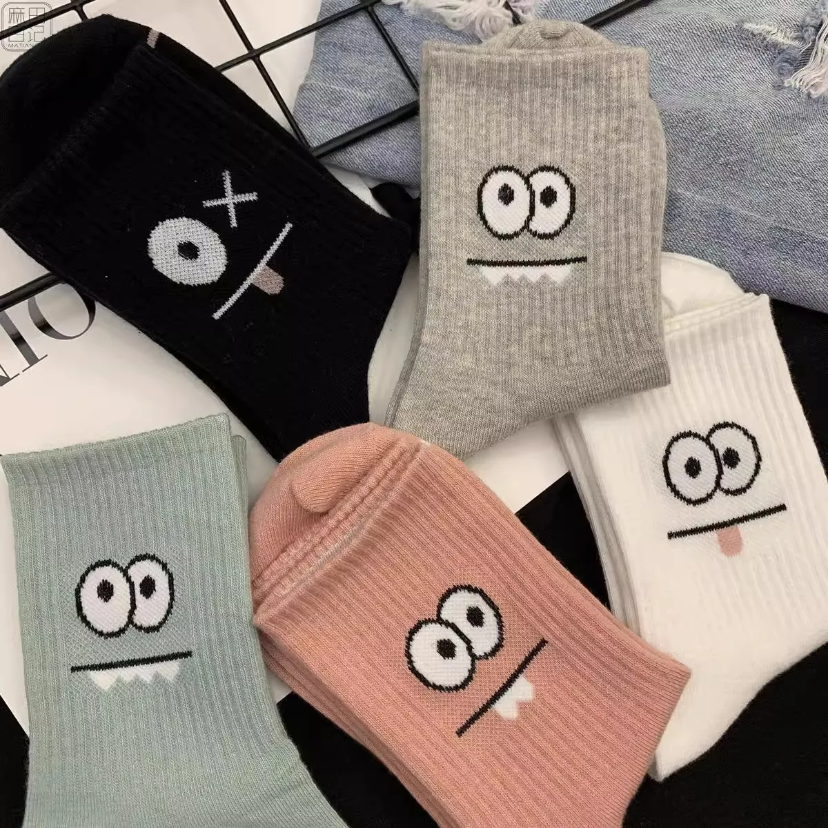 Printed ankle socks 5 pairs women's cute expression printed ankle socks comfort interesting spring autumn medium tube sock kawaii girls' short socks
