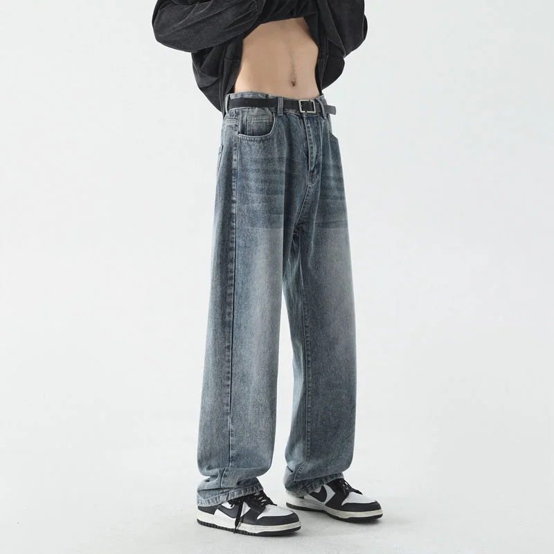 

American Style High Street 2023 New Wear White Denim Jeans Men Straight Loose-fitting Vintage Dragging Pants