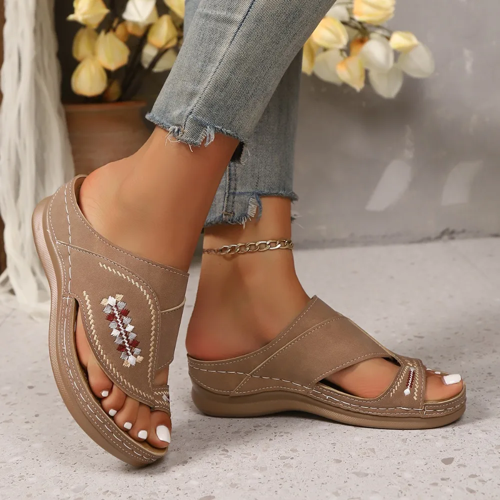 2026 sommer Frauen Keil Hausschuhe Premium Orthopädische Offene spitze Sandalen Vintage Leder Casual Weibliche Plattform Retro Schuhe – Detail 10