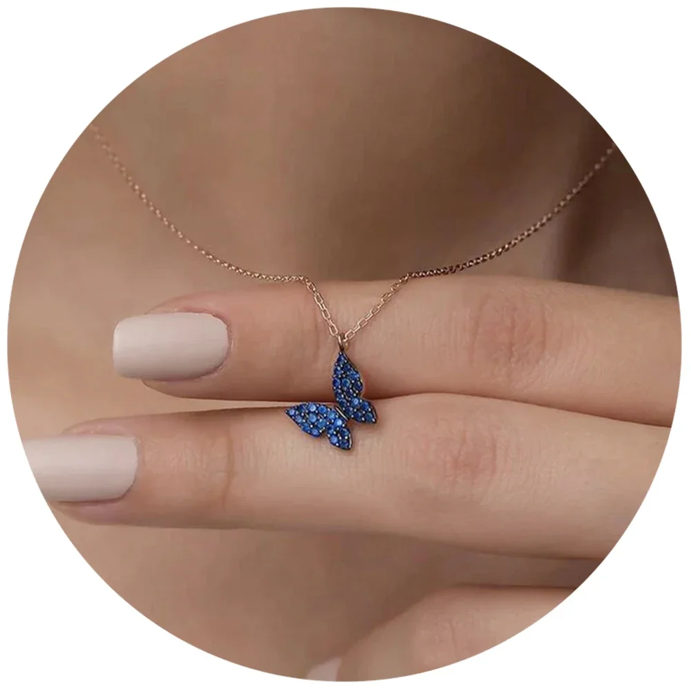 

Gold CZ Pineapple Blue Butterfly Pendants Necklace For Women Stainless Steel Link Chain Bijoux Femme Men Birthday Gift