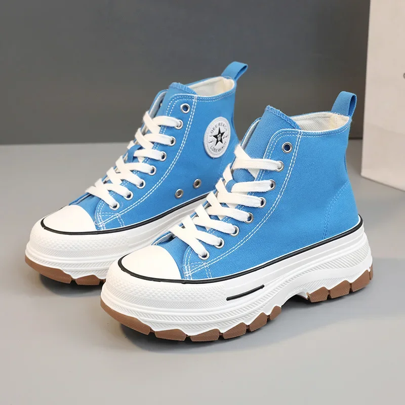2024 Spring autumn Female Women High Top Sneakers Lace-Up Casual Plarform Height Canvas Non-slip Wear Resistant Vulcanize Shoes 4