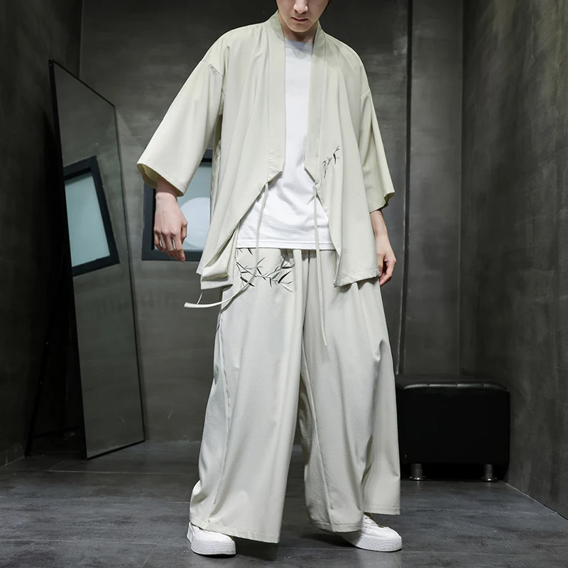 Mens Sets 3/4 Sleeved Cardigan Wide Leg Pants Male Suit 2 Pieces Japanese Style Plus Size M-5XL
