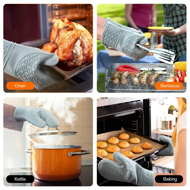 Silicone Oven Mitts, Heat Resistant 2 PCS Oven Mitts with Soft Cotton Lining, Non-Slip Grip Oven Glove, Kitchen Potholder BBQ 6