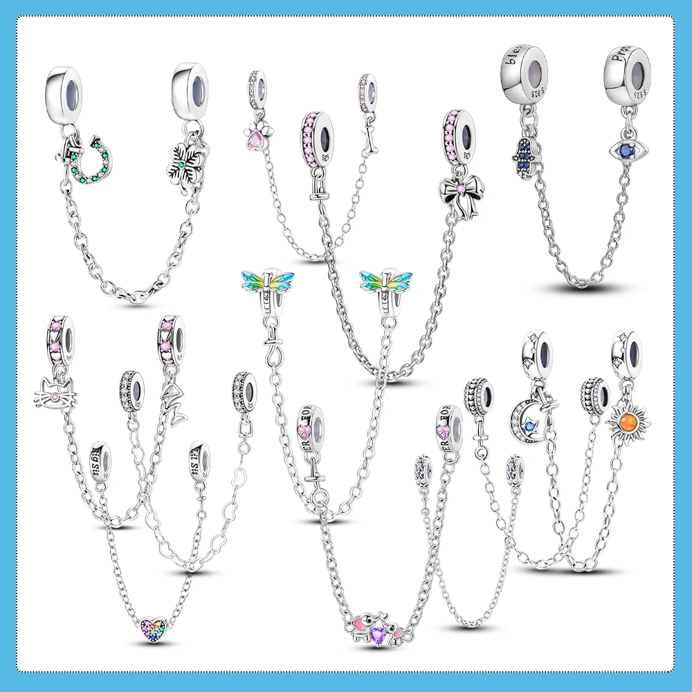 Neue Sicherheitskette aus 925er-Sterlingsilber, Herz, Stern, Mond, Anhänger, passend für Original-Armbänder, DIY-Schmuck, Geschenk