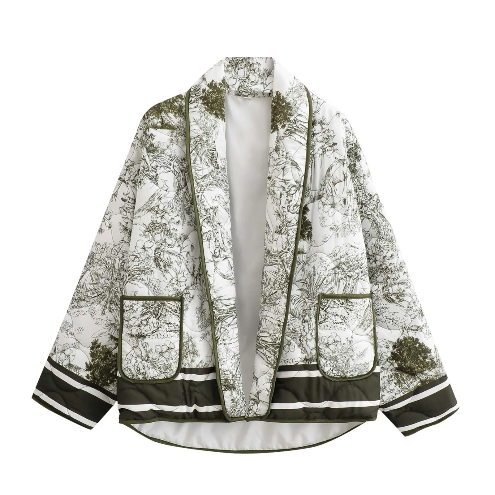 

Women's Cropped Floral Printed Quilted Jackets Lightweight Lapel Long Sleeve Double Pockets Jackets For Women