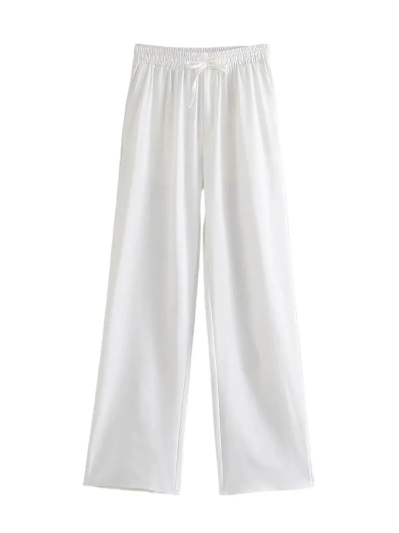 Women Loose Wide Leg Pants Chic Fashion Side Pockets Vintage High Elastic Waist Drawstring Female Trousers Mujer 2023