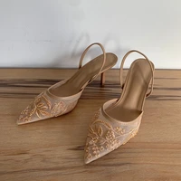 Mesh Embroidered Flowers High Heels Sandals Women 2025 Summer Sexy Slingback Pointed Toe Pumps Dress Shoes Sandalias De Mujer