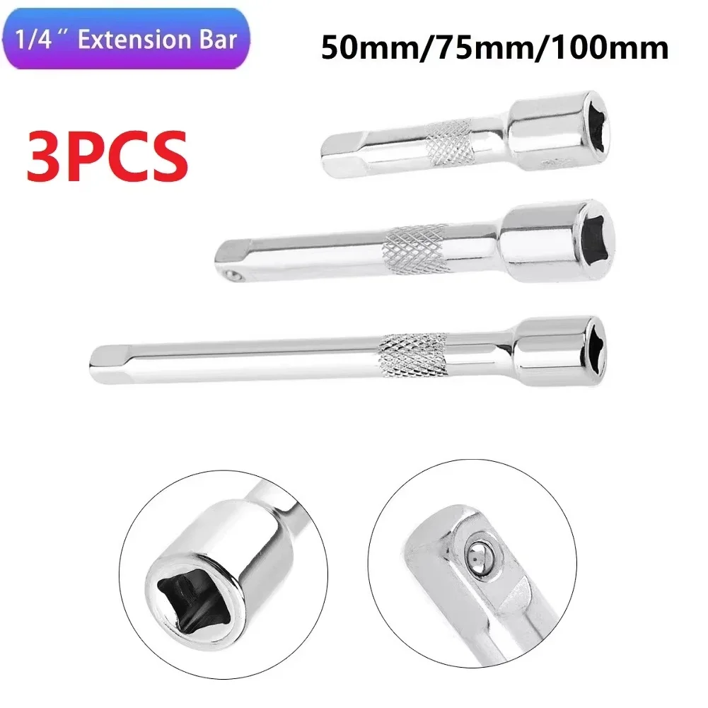 Socket Ratchet Wrench Extension Bar 3pcs 1/4 Inch Socket Ratchet Wrench Extension Bar 50/75/100mm Long Bar Steering Sleeve Connecting Rod Socket Extender Hand Tool