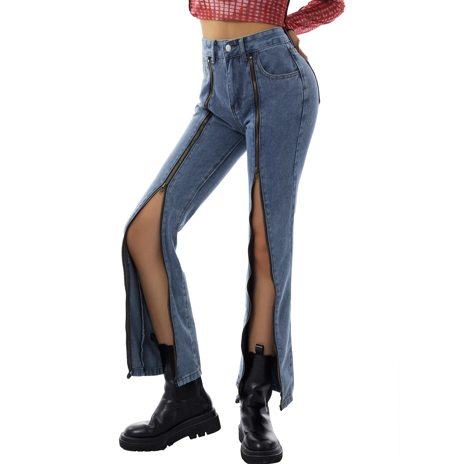 2024 Women New Clothing Pocket Button Denim Jeans Zipper Metal Split Hem Middle Waist Casual Party Street Loose Sliming Pants