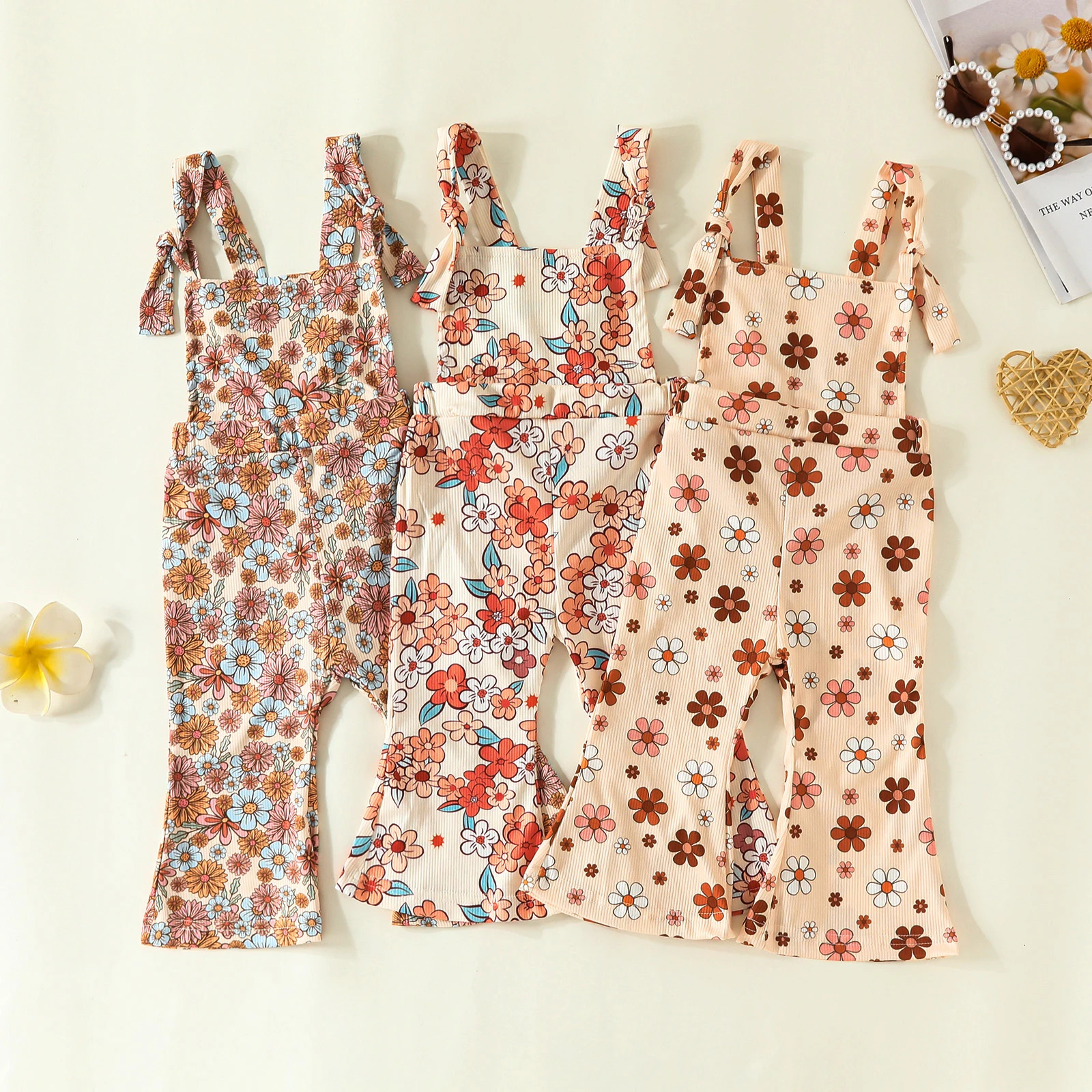 

Комбинезоны для девочек, летние повседневные брюки-клеш с цветочным принтом, без рукавов, на лямках с узлом, лето