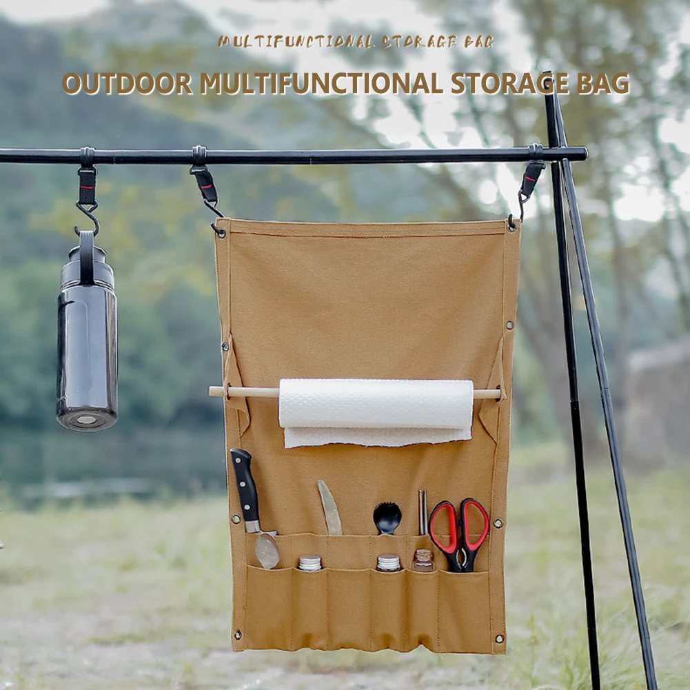 Camping Portable Towel Storage Rack Tableware Storage Bag Multi Pocket Canvas Outdoor Hiking Cutlery Hanging Holder