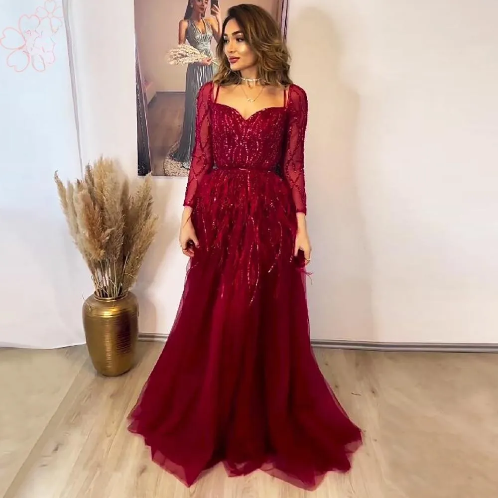 

Tulle Feather Sequins Long Sleeve Evening Women 2023 V Neck Beaded Handmade Side Slit Formal Wedding Prom Dress Floor Length