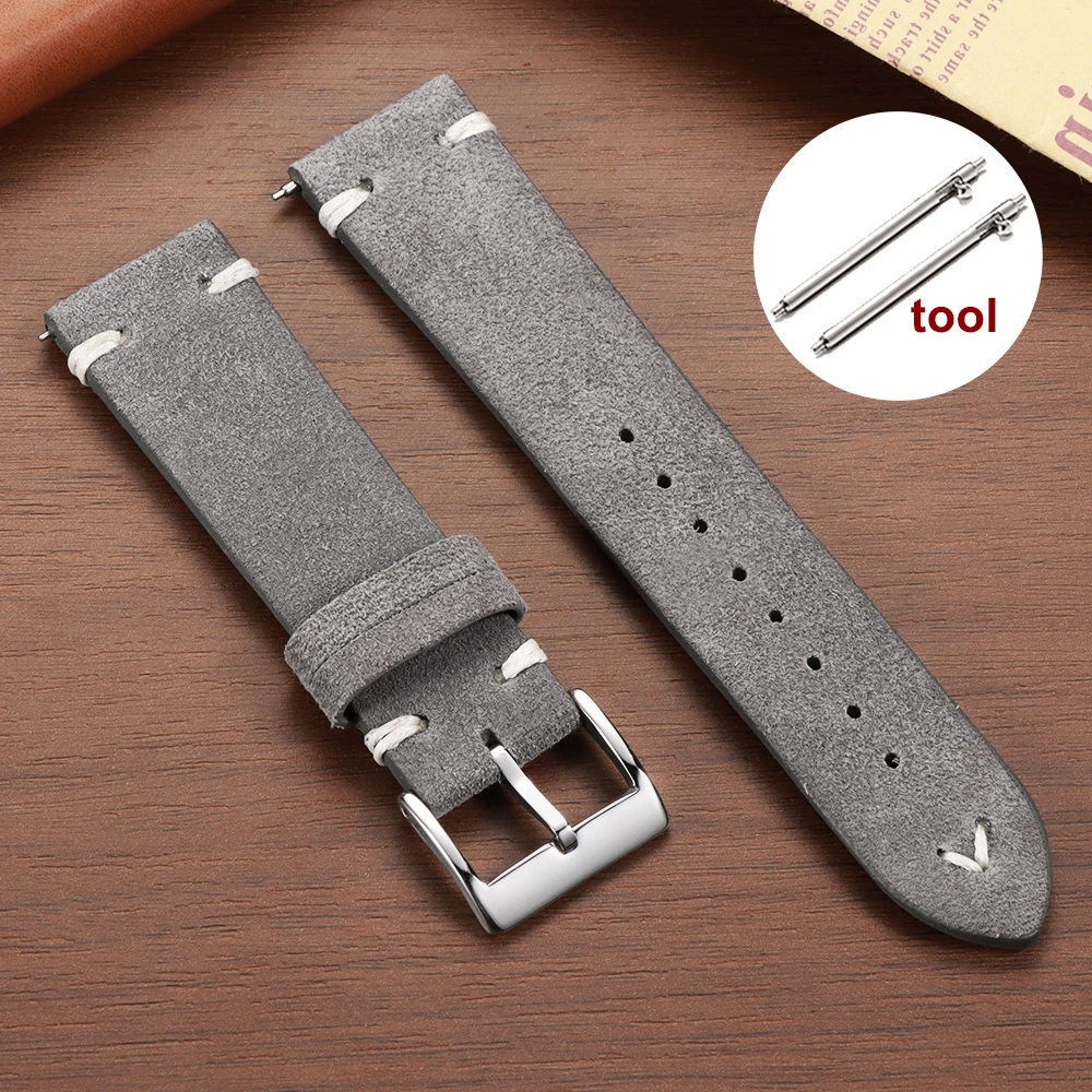 Vintage Brown Suede Leather Watch Strap with Quick Release - Multiple Sizes Available