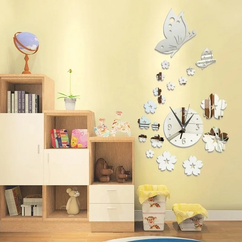 Acrylic Mirror Stickers Wall Clock Modern Design Butterfly 3D DIY Clocks for Girl Gift Living Room Home Decor wall clock wall clock sticker