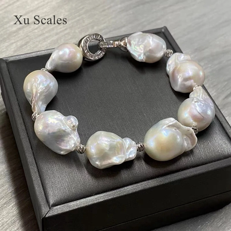 S925 Sterling Silver 100% Natural Freshwater White 15-25mm Super Baroque Pearl Bracelet Fashion Luxury Air Women's Jewelry Gift