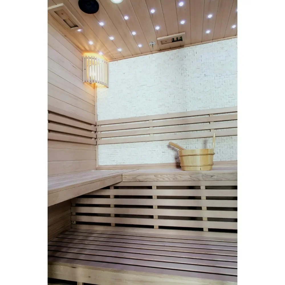 Hemlock Wood Traditional Wet or Dry 4-5 Person Glass Wall Sauna, with 6KW Heater, Rocks, Water Bucket, Ladle, LED Lights, Sauna 3