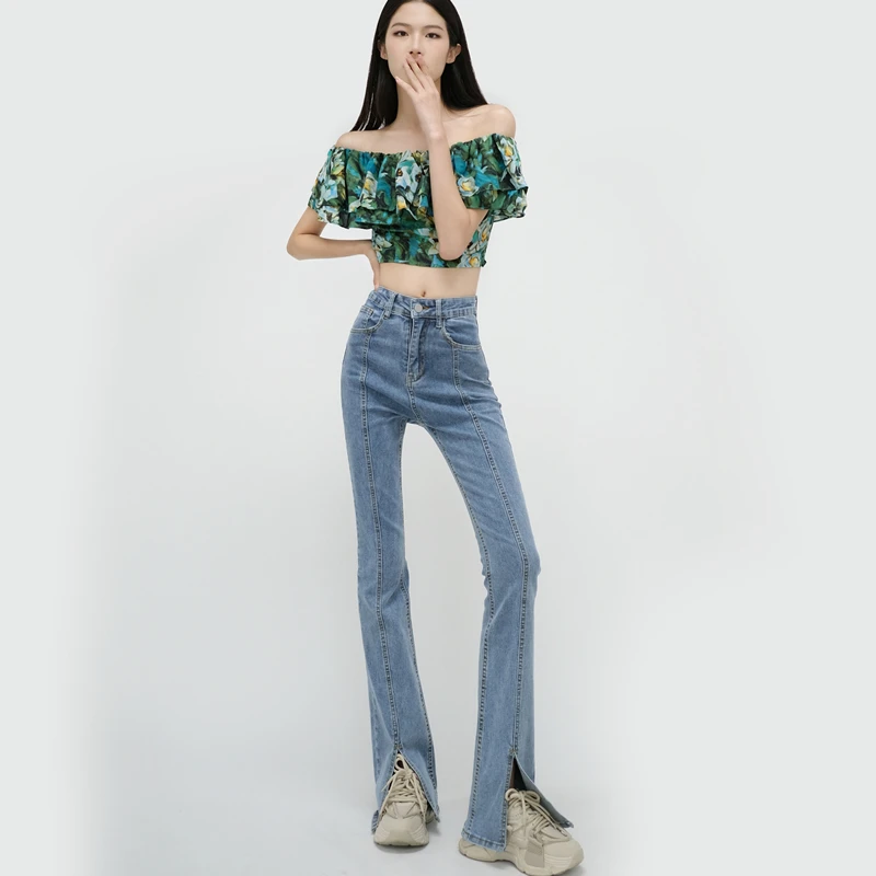 XS-XXL Size High Waist Women Elastic Flare Jeans Slim Strecth Denim Pants Lengthened Vintage Full Length Casual Trousers Baggy