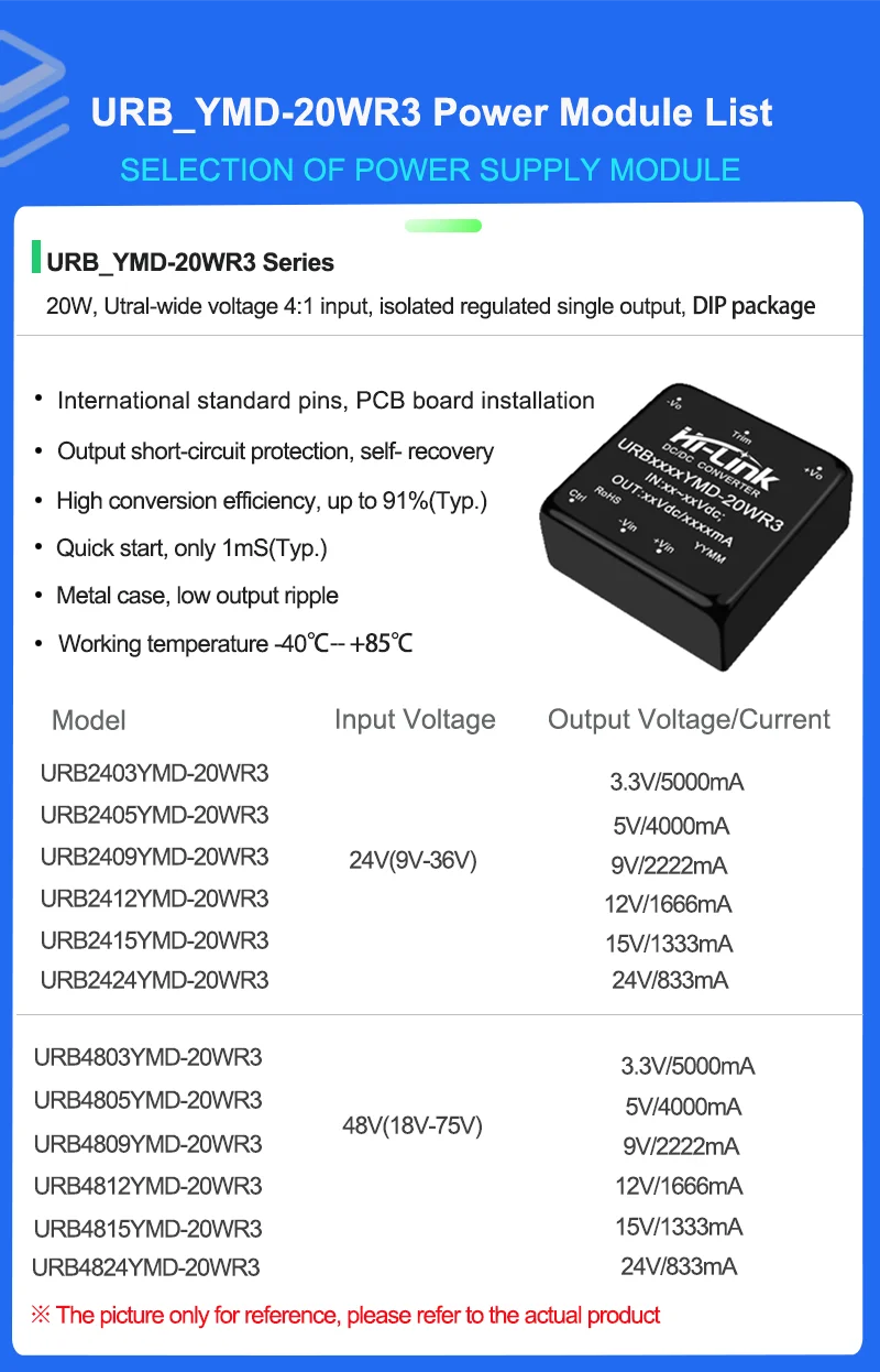 2pcsHi-Link URB4812YMD-20WR3 20W 절연형 DC-DC 전원 모듈 18-75V 초광폭 입력 5V 12V 15V 24V 단일 출력 1500V 절연