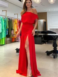 Elegant Women's Red Black Off Shoulder Party Maxi Dress 2023 Summer Sexy One-line Neck Raglan Sleeve Slit Holiday Dresses Robe