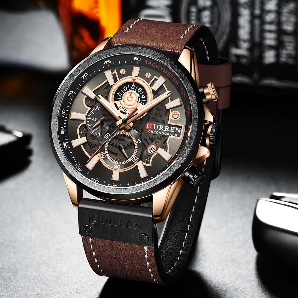 Quartz Watch for Men Luxury Brand Leisure Sports Chronometer Watch Men's Leather Quartz Glow Watch Creative Design Clock 8380