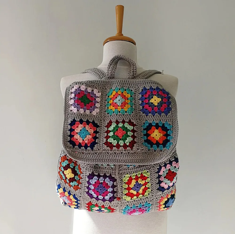 DIY Hand-crocheted Bohemian Shoulder Bag Grandmother Geometric Pattern Retro Hippie Bag