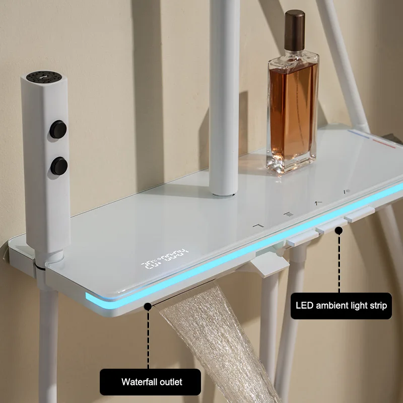 ระบบฝักบัวชุดโมเดิร์นฝักบัวสําหรับห้องน้ําปุ่มเปียโน Ambient Light ทองเหลืองชั้นวางแก้วฝักบัวดิจิตอลจอแสดงผลชุดฝักบัว 1