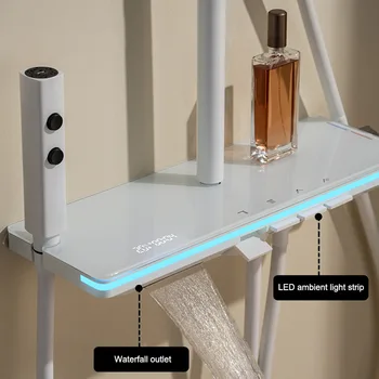 ระบบฝักบัวชุดโมเดิร์นฝักบัวสําหรับห้องน้ําปุ่มเปียโน Ambient Light ทองเหลืองชั้นวางแก้วฝักบัวดิจิตอลจอแสดงผลชุดฝักบัว 1