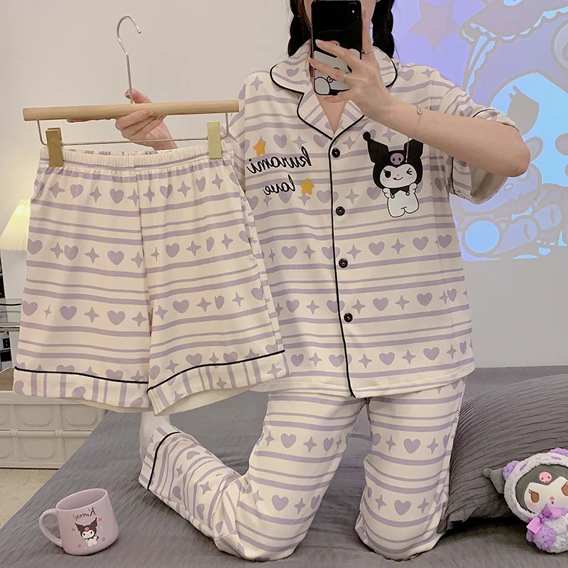 

Sanrioed Summer Kawaii Cotton Pajama Set Kawaii Anime Kuromi Cinnamoroll Pompom Purin Short Sleeve Shorts Trousers 3-Piece Set