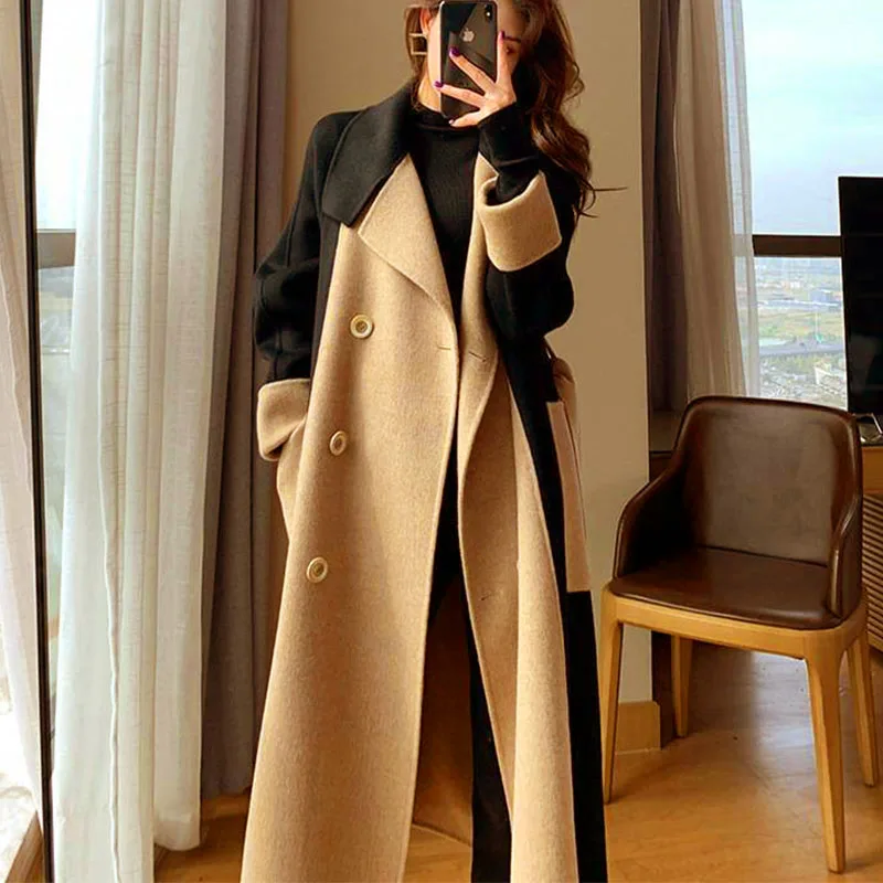 

Women Coats Vintage 2023 Autumn Winter Fashion V -Neck Outerwear Long Sleeve Double-breasted Jackets Female Elegant Coats
