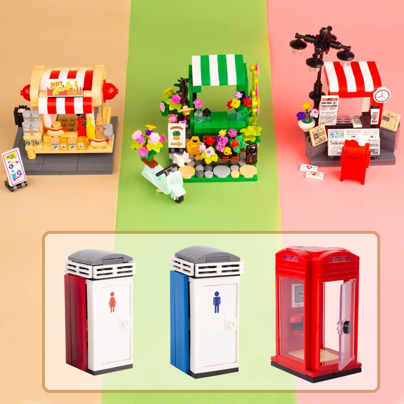 City Moc Flower Shop Giornale Stop Hot Dog Stand Building Blocks Pianta Alimentare Telefonata Mattoni Wc Giocattoli Regalo Per Bambini M081