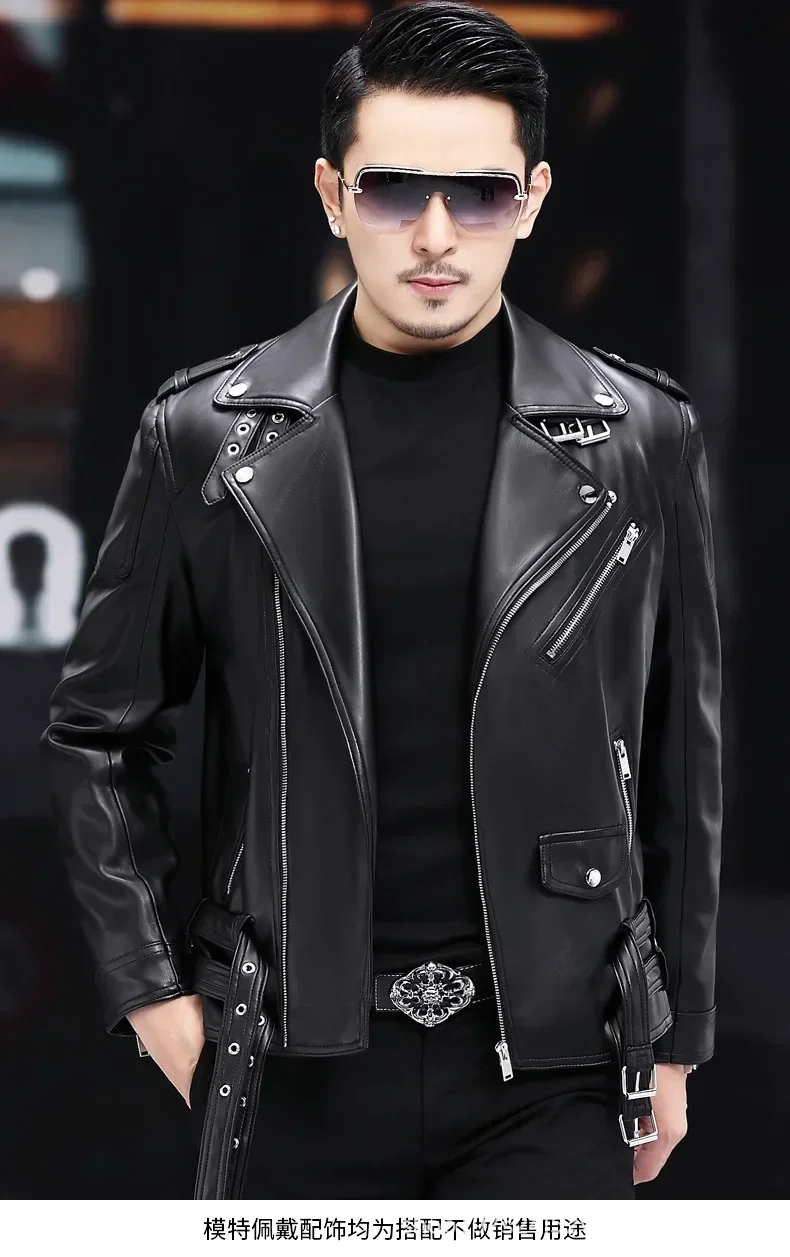 Men Outdoor Sport Leather Jacket Motorcycle Cool Coat Jacket Men Lapel Leather Jackets Mens Fashion Clothing Real Leather Coat - 3