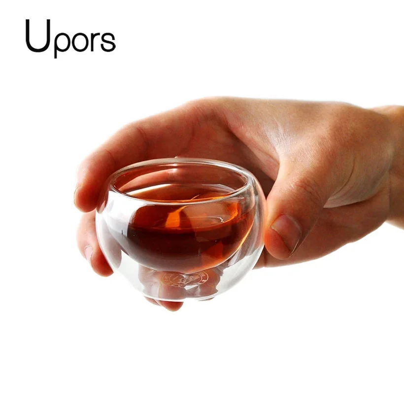 UPORS 50ML Double Wall Glass Tea Cup Insulated Teacups Handcraft Heat Resistant Chinese Kung Fu Tea Cups BPA free Food Grade 1PC