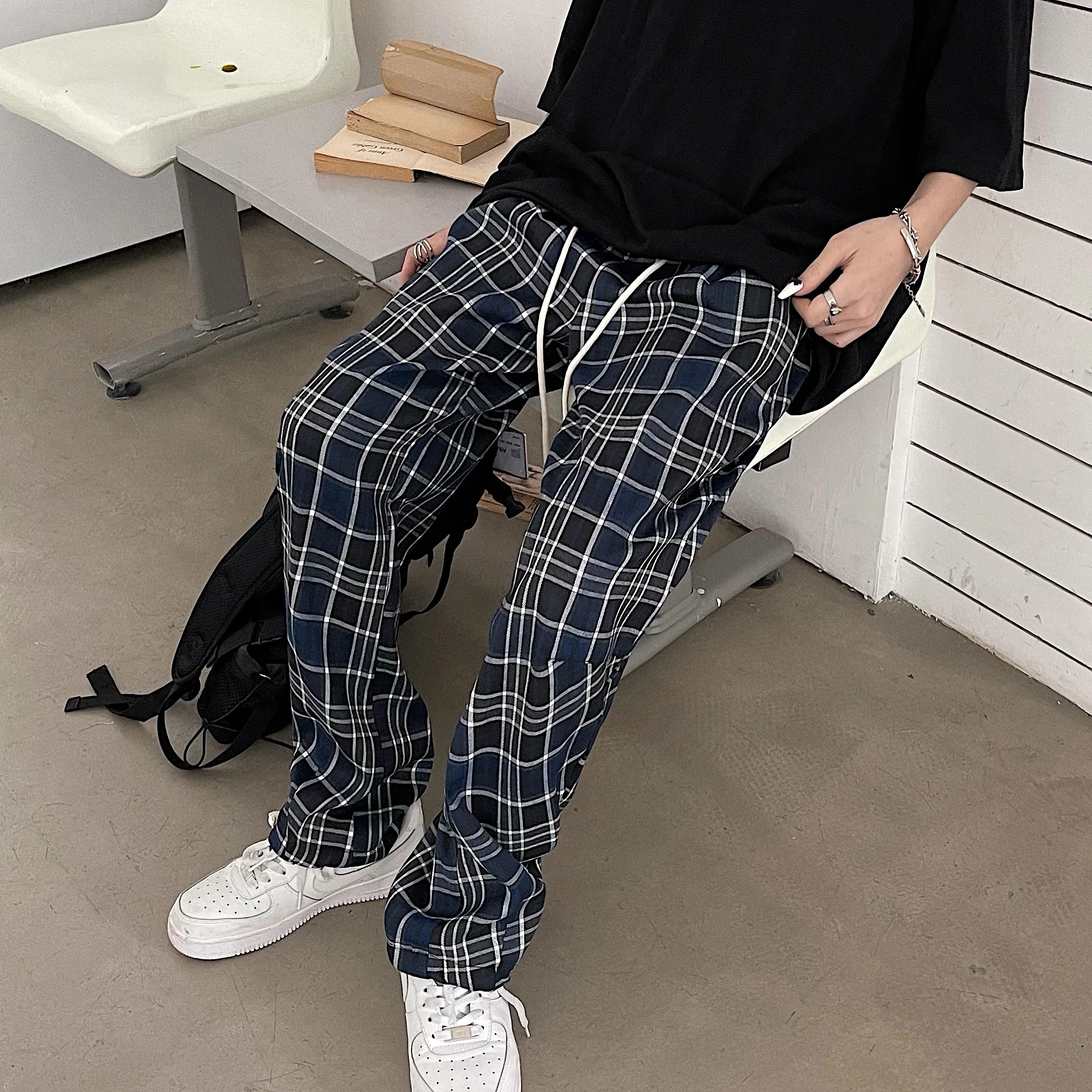 Harajuku Blue Plaid Pants Women Streetwear Casual High Waist Straight Baggy Wide Leg Pants Spring Summer New