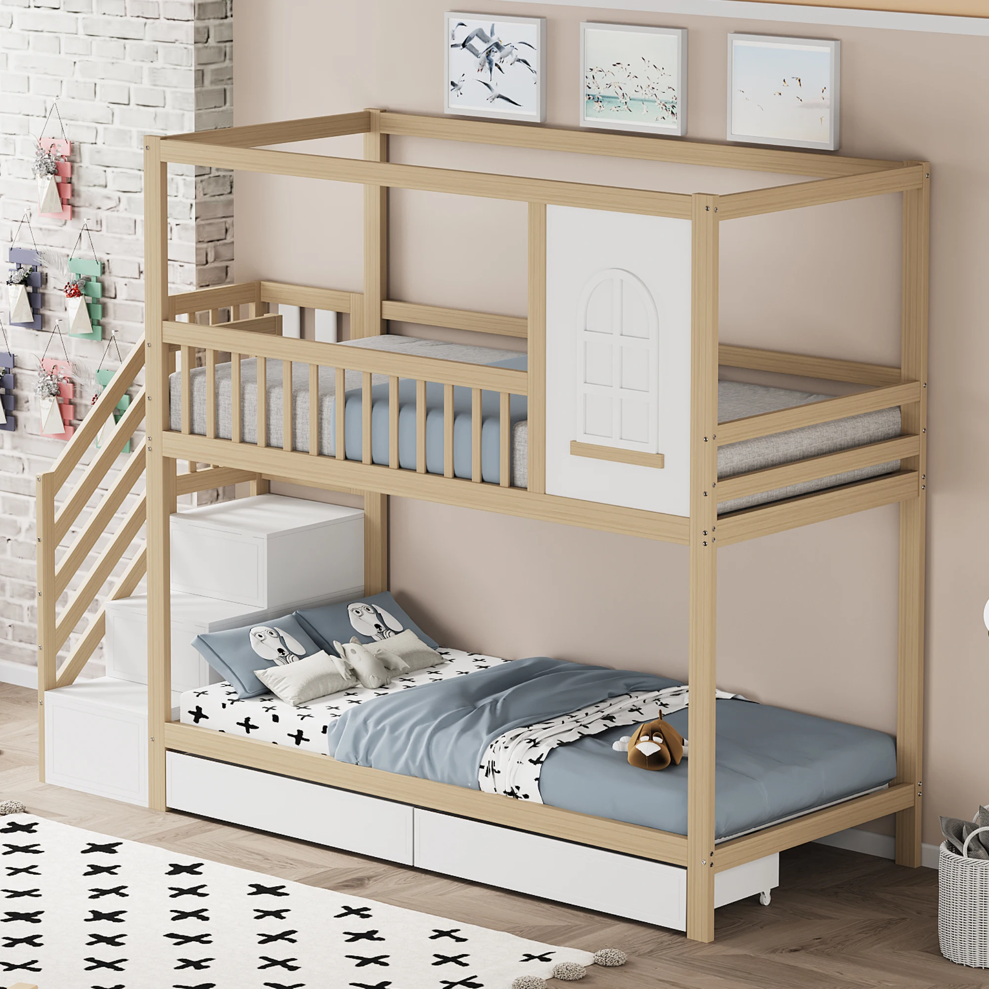 KOMHTOM Holzfarbenes Massivholz Kinder Etagenbett 90x200 cm Sicherheitszaun Design Aufbewahrungsschubladen Und Sicherheitsleiter – Detail 1